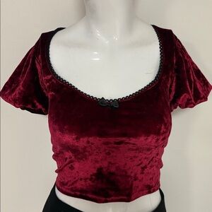 Dolls Kill Brand Widow Red Velvet Short Puff Sleeve Top w Lace-up Back